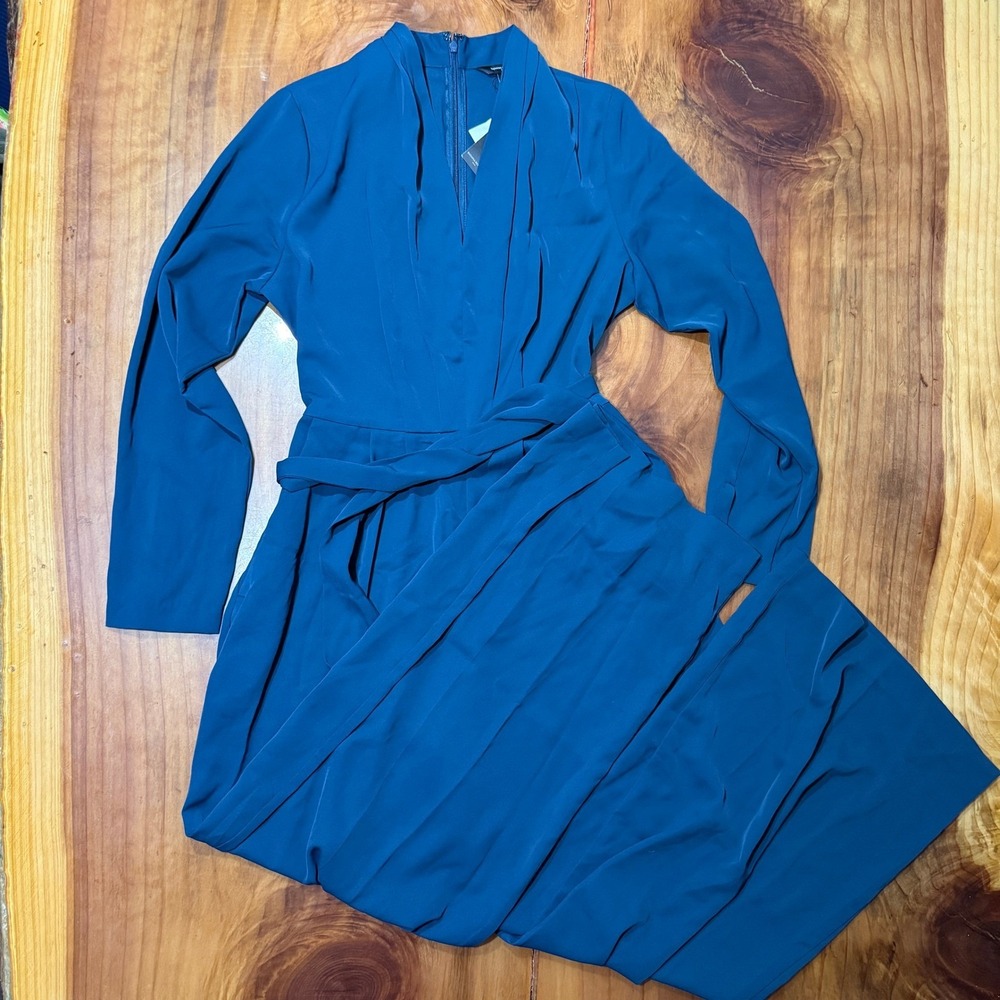 NEW Banana Republic Jumpsuit Women's Medium Teal Blue Wide leg V neck L/S G3-12
